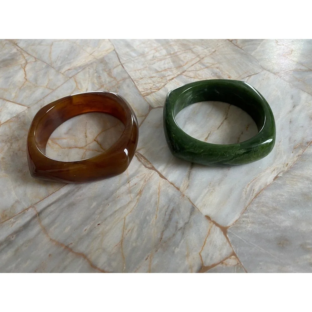 Vintage Style Chunky Square Bangle Bracelet Set Amber Tortoise & Marbled Green - Picture 3 of 8
